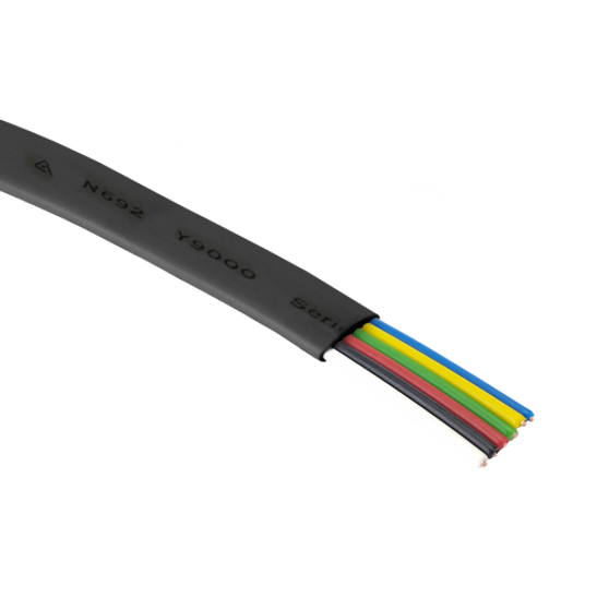 A close-up cross-section of the black 6-core flat multi-purpose cable, showing the six internal stranded conductors.