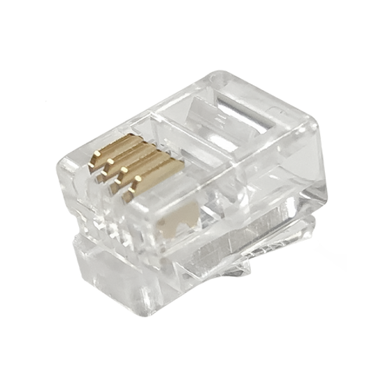 A close-up view of the underside of an RJ11 4P4C modular plug, showing the gold-plated contacts.