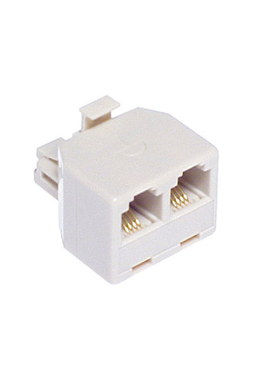 Side angled view of the RJ11 telephone double adaptor, showing the single male plug and two female sockets.
