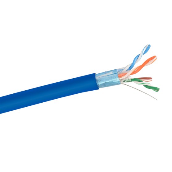 A side view of the internal construction of the blue Cat6 FTP cable, revealing the AI-foil shield, drain wire, separator, and twisted pairs.