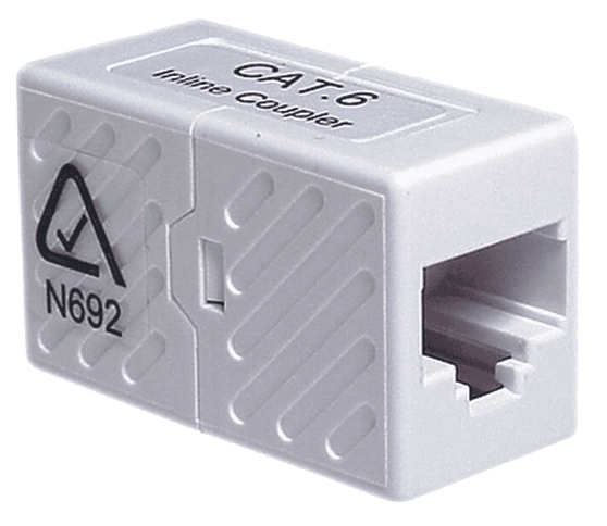 A side view of the high-performance, white Cat6 RJ45 female-to-female Ethernet cable coupler. A side view of the high-performance, white Cat6 RJ45 female-to-female Ethernet cable coupler.