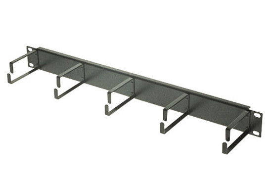A side profile view of the 1RU cable management panel, showing the mounting screw holes and the cable routing hooks. A side profile view of the 1RU cable management panel, showing the mounting screw holes and the cable routing hooks.