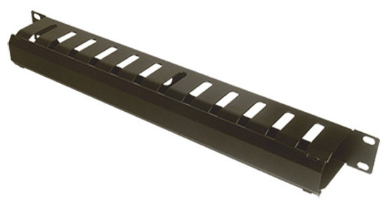 A side view of the 1RU covered cable management panel, showing the enclosed duct design and mounting screw holes.