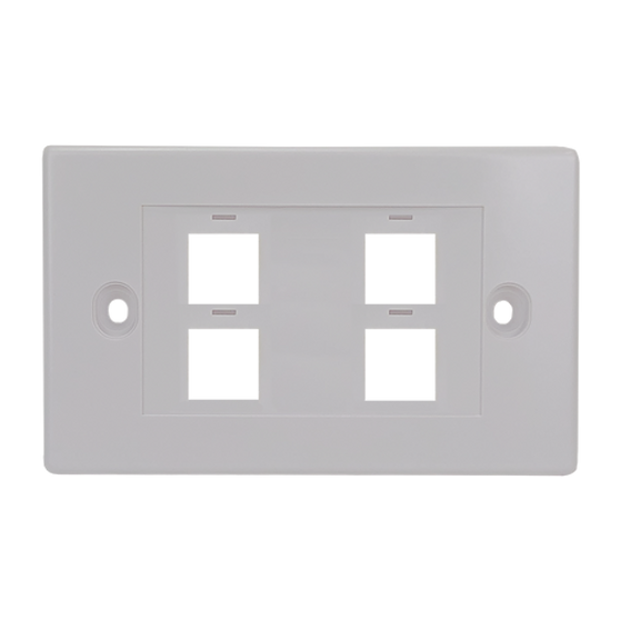 A direct front-on view of the 4-port keystone flush plate, showing the four unloaded keystone cutouts. A direct front-on view of the 4-port keystone flush plate, showing the four unloaded keystone cutouts.