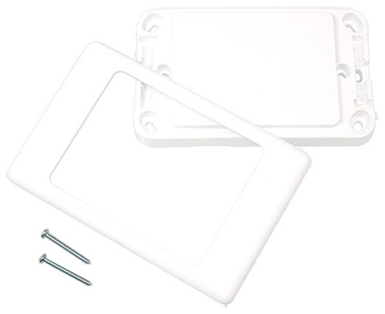 A top-down view of the 2-piece blank Australian wall plate, showing the front cover, the back plate, and the mounting screws. A top-down view of the 2-piece blank Australian wall plate, showing the front cover, the back plate, and the mounting screws.