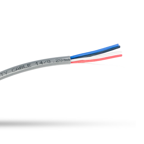 A close-up of the grey heavy-duty 4-core security cable, showing the internal cables.