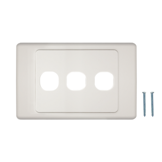 A top-down view of the 3-port Australian flush wall plate, showing the three cutouts and mounting screws.