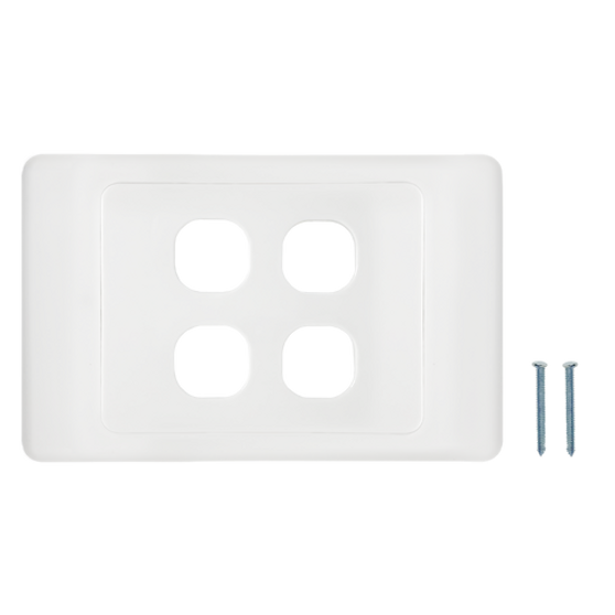 A top-down view of the 4-port Australian flush wall plate, showing the four cutouts and mounting screws. A top-down view of the 4-port Australian flush wall plate, showing the four cutouts and mounting screws.