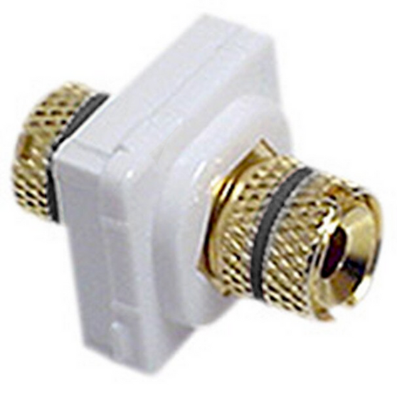 A detailed side view of the black speaker binding post terminal, showing the gold-plated front post and rear screw-down connector. A detailed side view of the black speaker binding post terminal, showing the gold-plated front post and rear screw-down connector.