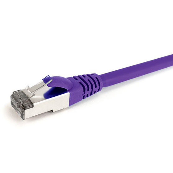 Close-up side view of the shielded RJ45 connector and Purple LSZH jacket on a 1m Datamaster Cat6a S/FTP patch cable.