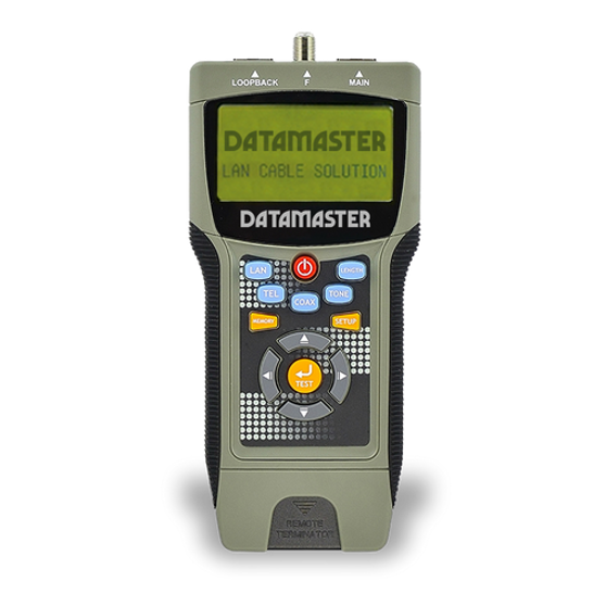 A close-up front view of the professional LAN and Coax Cable Tester, showing the backlit LCD screen. A close-up front view of the professional LAN and Coax Cable Tester, showing the backlit LCD screen.
