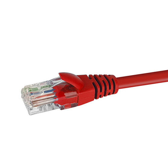 Close-up profile of the RJ45 connector and Red jacket on a 20m Datamaster Cat6 U/UTP patch cable.