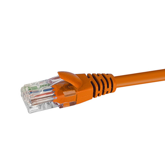 Close-up profile of the RJ45 connector and Orange jacket on a 0.25m Datamaster Cat6 U/UTP patch cable.