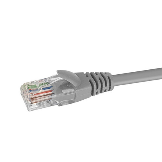 Close-up profile of the RJ45 connector and Ash jacket on a 2.5m Datamaster Cat6 U/UTP patch cable.