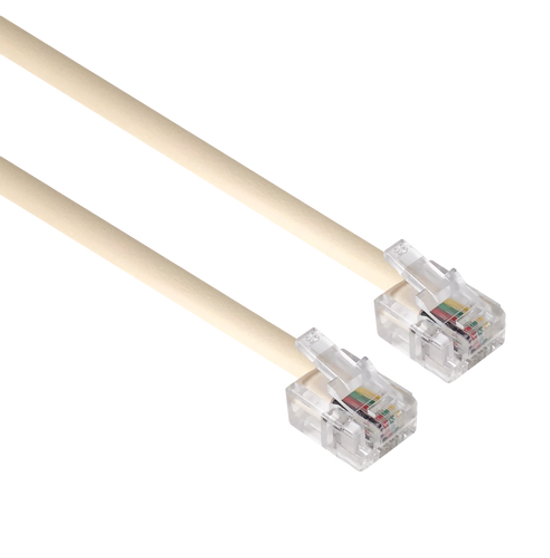 A side angle view of the ultra-short 150mm telephone line cord, showing the RJ11 plugs at each end. A side angle view of the ultra-short 150mm telephone line cord, showing the RJ11 plugs at each end.