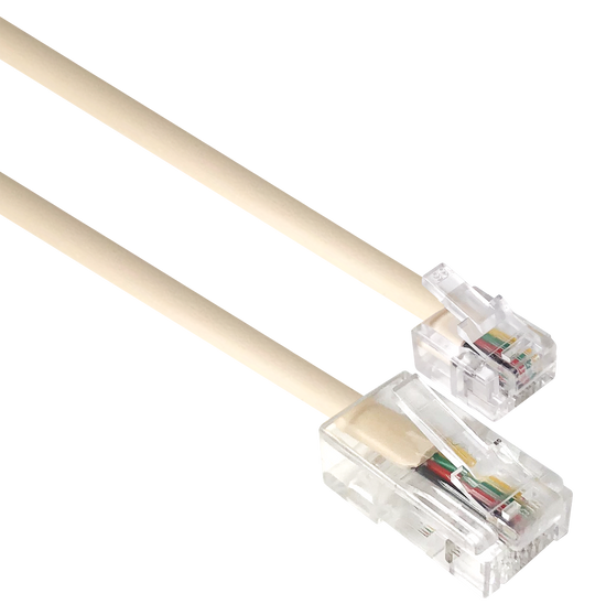 A side angle view of the 7-metre ivory telephone line cord, showing the RJ11 plug and RJ45 plug at each end. A side angle view of the 7-metre ivory telephone line cord, showing the RJ11 plug and RJ45 plug at each end.