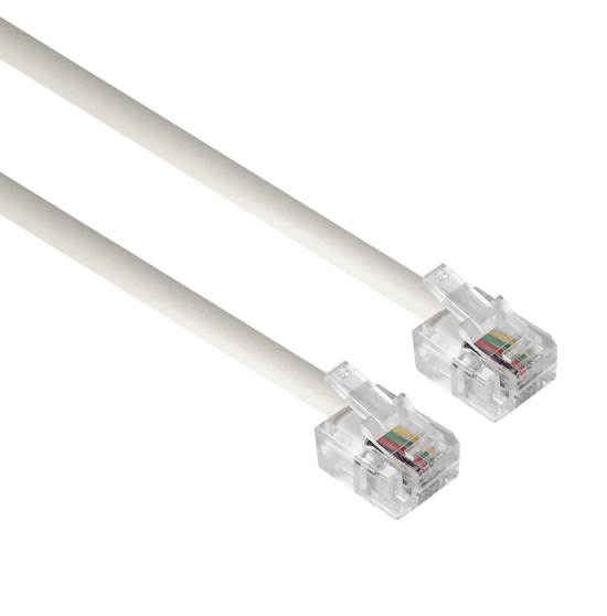A side angle view of the 2-metre ivory telephone line cord, showing the RJ12 (6P6C) plugs at each end. A side angle view of the 2-metre ivory telephone line cord, showing the RJ12 (6P6C) plugs at each end.