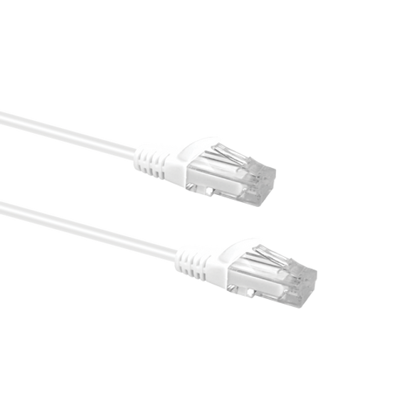 Profile view of the snagless boot on a 0.25m White Datamaster slim Cat6 patch cable, highlighting its ultra-thin design.
