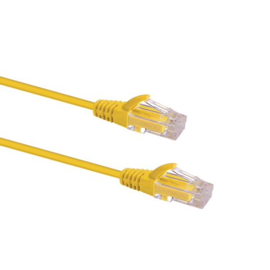 Profile view of the snagless boot on a 5m Yellow Datamaster slim Cat6 patch cable, highlighting its ultra-thin design.