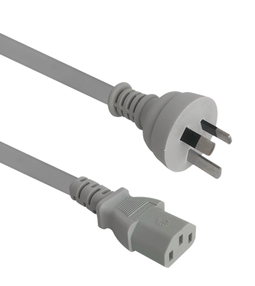Side angled view of the 2-metre ash grey power cord, showing the IEC-C13 connector and the Australian 3-pin plug. Side angled view of the 2-metre ash grey power cord, showing the IEC-C13 connector and the Australian 3-pin plug.