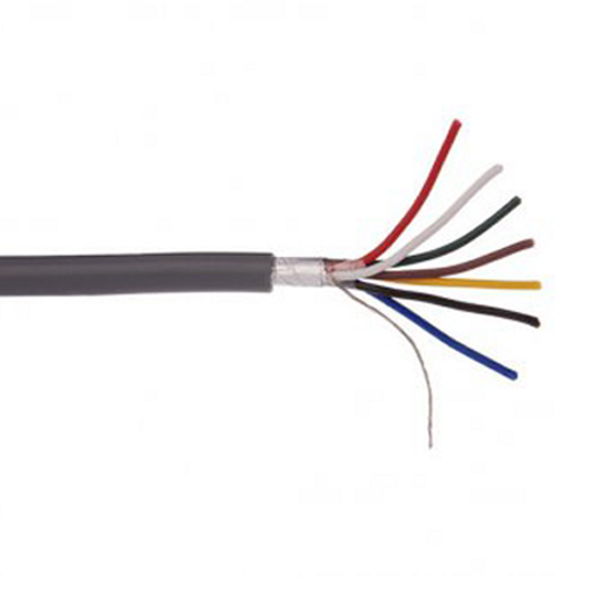 A close-up of the grey 7-core shielded security cable, showing the foil shield and the seven internal 14/0.20 stranded cables.