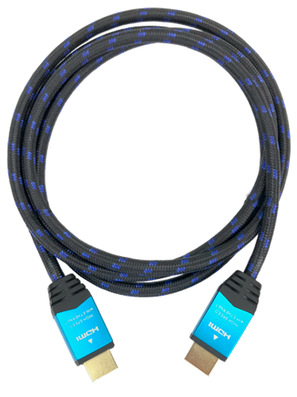 A top-down view of the 5-metre braided HDMI cable, coiled to show both gold-plated ends. A top-down view of the 5-metre braided HDMI cable, coiled to show both gold-plated ends.