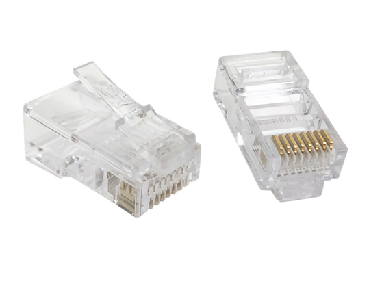 A close-up view of two universal Cat5e RJ45 plugs, one showing the top and the other showing the 50µm gold contacts on the underside. A close-up view of two universal Cat5e RJ45 plugs, one showing the top and the other showing the 50µm gold contacts on the underside.