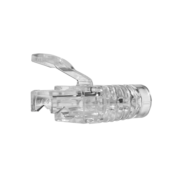 A side view of a transparent RJ45 boot, showing the protected snagless hood over the clip area.