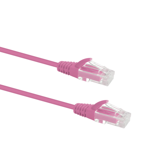 Profile view of the snagless boot on a 0.5m Pink Datamaster slim Cat6 patch cable, highlighting its ultra-thin design. Profile view of the snagless boot on a 0.5m Pink Datamaster slim Cat6 patch cable, highlighting its ultra-thin design.