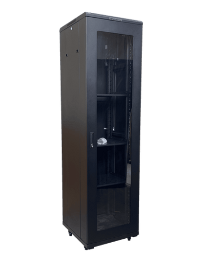 Angled front and side view of the 45RU server cabinet on lockable casters.