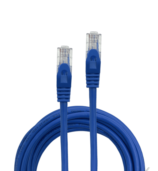 Top-down view of a coiled 5m blue Datamaster Cat6 patch cable with both RJ45 connectors visible. Top-down view of a coiled 5m blue Datamaster Cat6 patch cable with both RJ45 connectors visible.