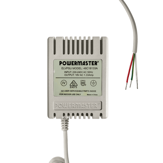 Top back view of the 18V AC power supply showing the Powermaster logo and tinned cables. Top back view of the 18V AC power supply showing the Powermaster logo and tinned cables.