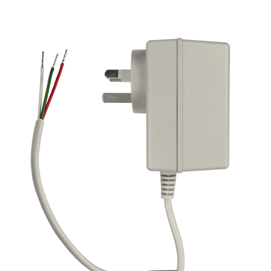 Top side view of the 18V AC power adaptor looking left with tinned cables visible.