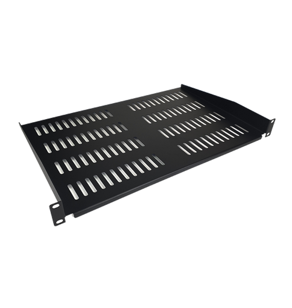 A black, 300mm deep cantilever shelf designed for front-mounting non-rackable equipment in a server rack.