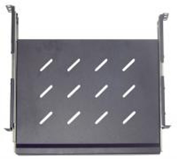 A 600mm deep, black sliding keyboard tray for Datamaster C1400 series server cabinets, shown with smooth rails.