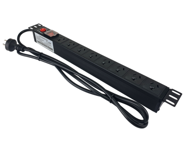 A black, 19-inch rack-mountable 8-way PDU power board with standard Australian 10A outlets.