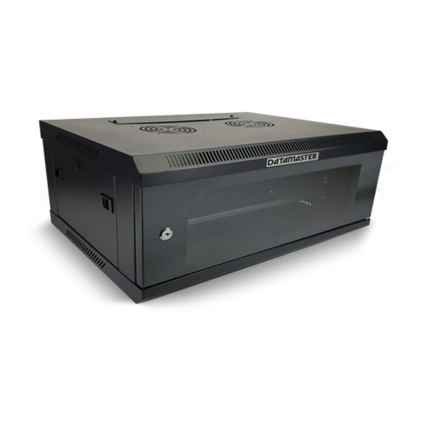 Front view of the 4RU wall mount network cabinet with its tinted perspex door closed.