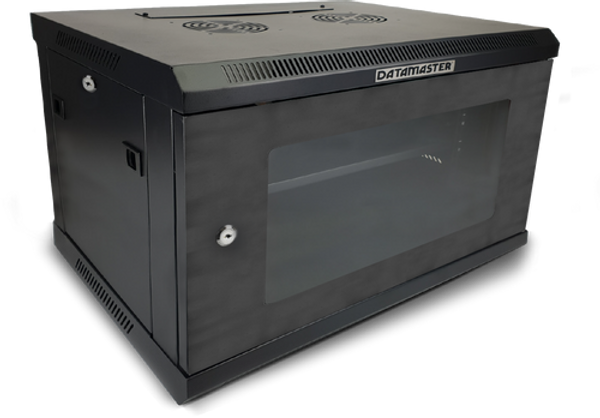 Side view highlighting the 600mm depth of the 6RU wall mount cabinet.