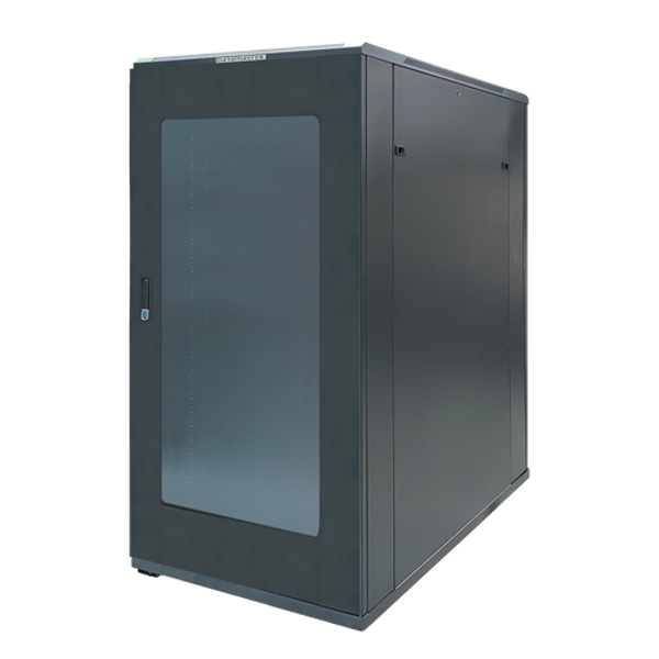 Front view of the 18RU swing frame cabinet highlighting top and bottom cable entry.