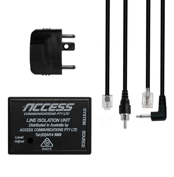 The complete Line Isolation Unit kit, showing the central box, the versatile RCA & 3.5mm input cord, and the 606 telephone system output cord. The complete Line Isolation Unit kit, showing the central box, the versatile RCA & 3.5mm input cord, and the 606 telephone system output cord.