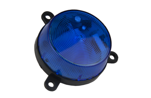 Angled view of the upright blue strobe light, showing the 60mm lens and mounting screw holes. Angled view of the upright blue strobe light, showing the 60mm lens and mounting screw holes.