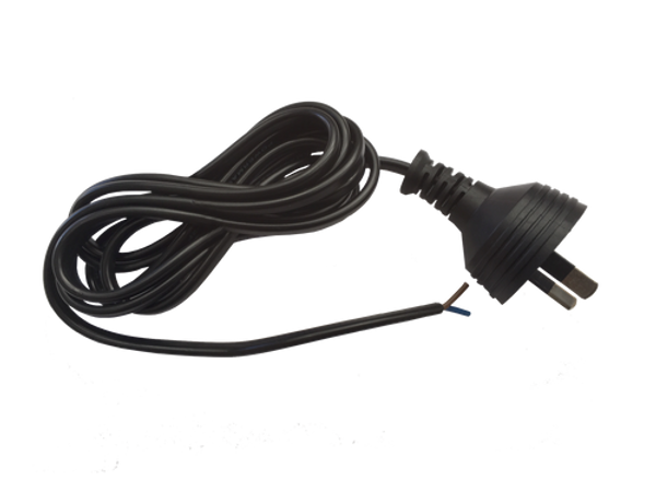Top-down view of the coiled 2-metre power cord, clearly showing the blunt cut wire end and the Australian 2-pin plug.