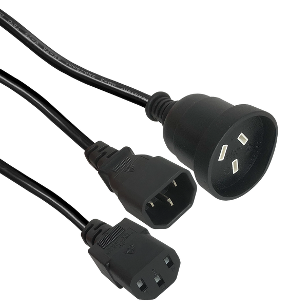 A view of the versatile IEC Y-cord, clearly showing the C14 input plug and the two output ends: a C13 socket and an Australian mains socket.