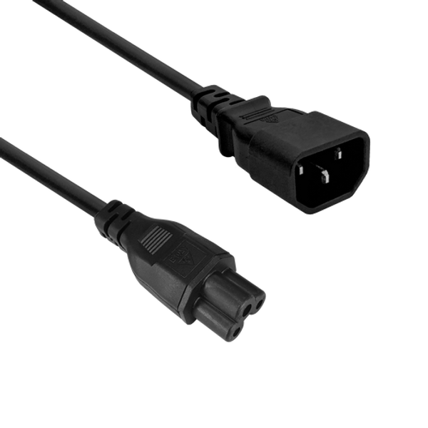 Side view of the 2-metre power cord, clearly showing the IEC-C5 "Cloverleaf" connector and the IEC-C14 plug.