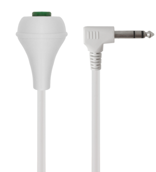 Front view of the long 5-metre nursecall cord, showing the 6.3mm stereo phono plug and the green call button pendant.
