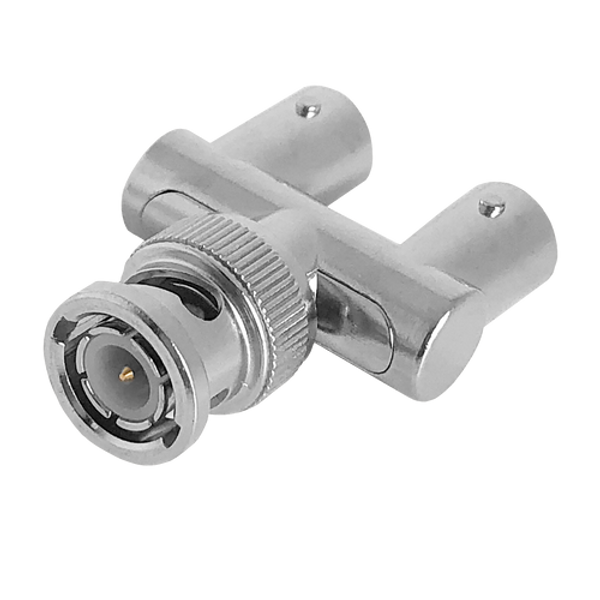 A detailed close-up side view of the BNC Y-Splitter, showing the single male plug and two female sockets.