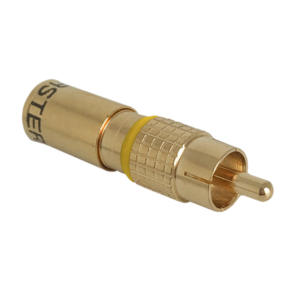 Detailed side view of the gold-plated RCA compression connector's front end.