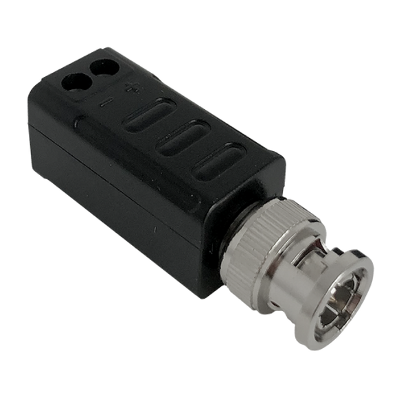 A close-up side view of a single video balun, showing the BNC connector and the secure screw terminals.