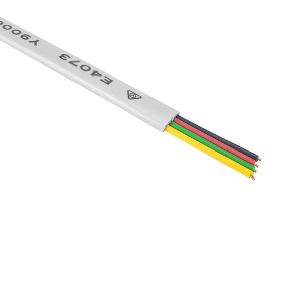 A close-up cross-section of the ash grey 4-core flat telephone cable, showing the four internal stranded conductors.