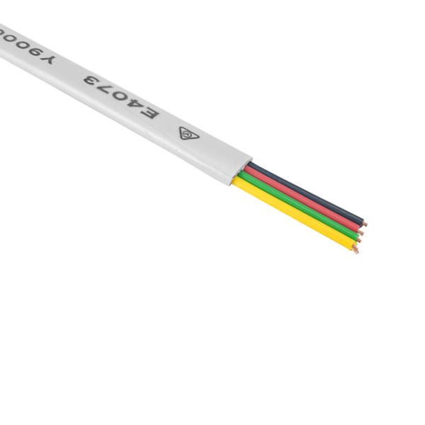 A close-up cross-section of the ash grey 4-core flat telephone cable, showing the four internal stranded conductors.